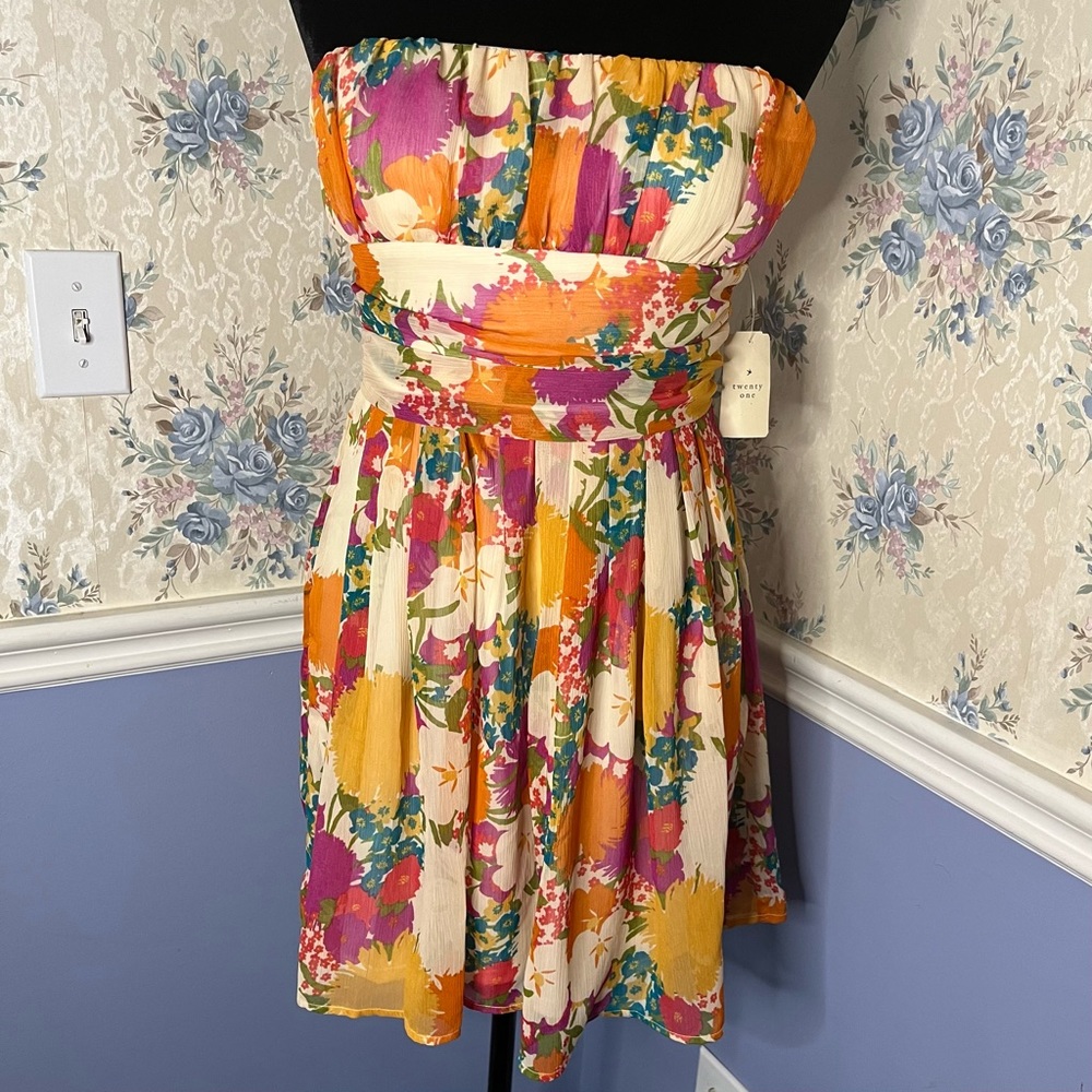 Twenty One Orange Pink Floral Dress Strapless, Size M, NWT